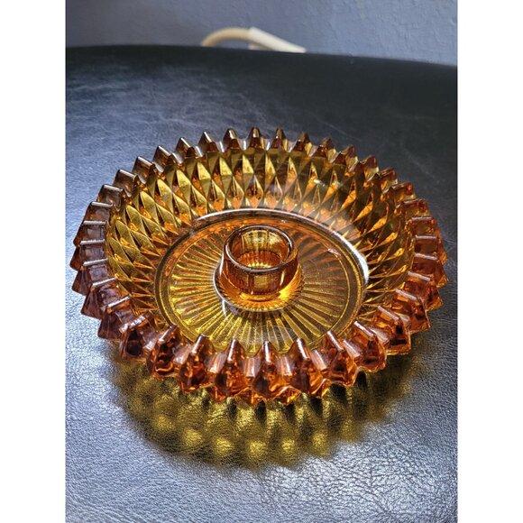 Vintage Indiana Glass Amber Diamond Point Candle Holder Ashtray - Picture 3 of 7
